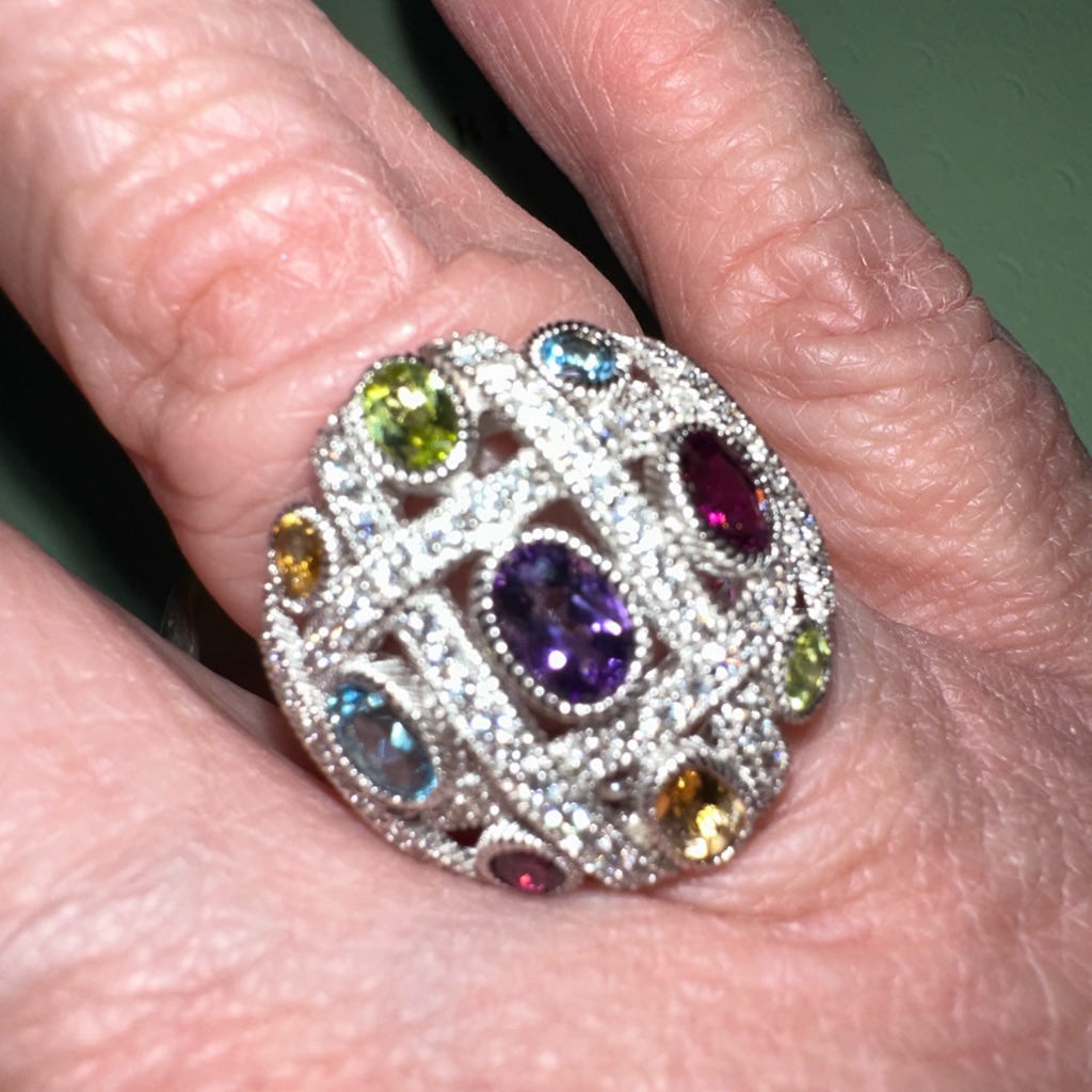 Judith Ripka Sz 7 Sterling Silver Multi-Gemstone Diamonique Woven Ring Box Pouch 295$